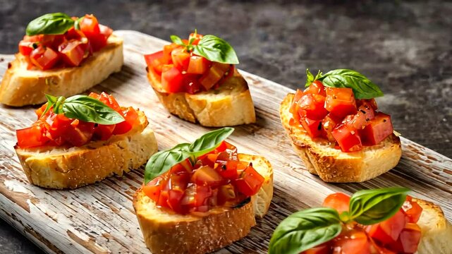 Freshly prepared bruschetta with tomatoes and basil on a rustic wooden platter, showcasing vibrant colors