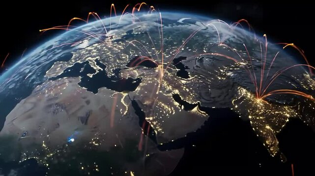 Earth view from space with illuminated cities and network connections across the globe image