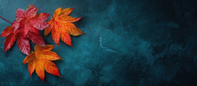 Autumn leaves on a textured teal background