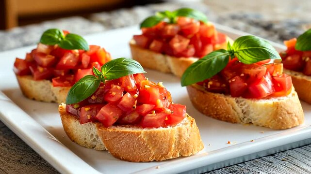 Freshly prepared bruschetta topped with diced tomatoes and basil on a white plate