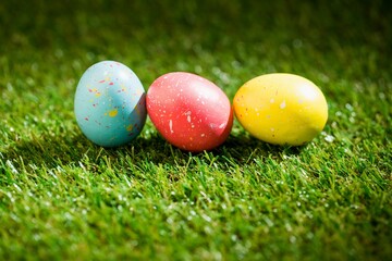 Colorful Easter eggs on grass in garden
