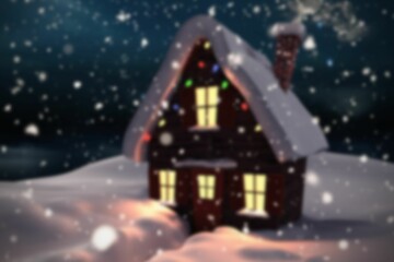 snowy cabin is sitting at night in flat style with glowing windows, snowfall, multicolored lights
