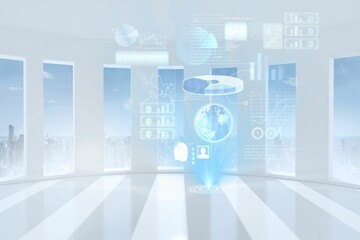 Floating holographic interface is glowing in 3D render futuristic demo hall with city skyline view