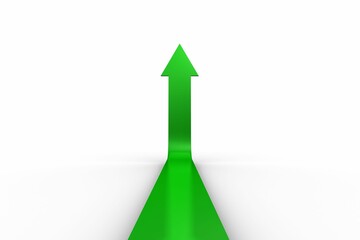 Green upward-pointing arrow is rising in flat vector illustration against plain white backdrop