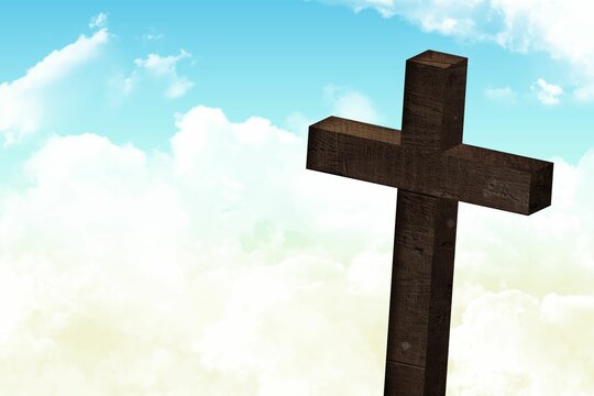 Fototapeta Weathered wood cross is standing against bright cloudy sky with visible wood grain, flat design