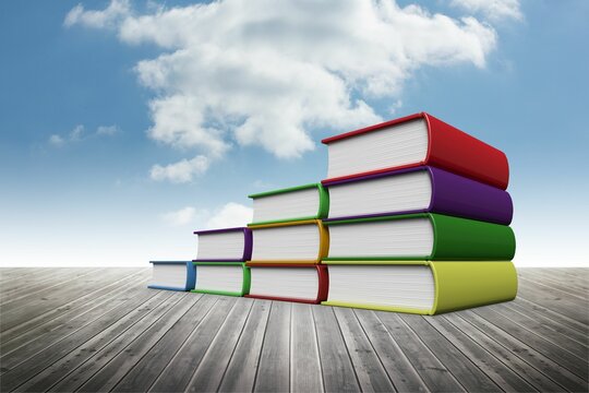Fototapeta Stepped arrangement of hardcover books is rising on wooden deck with cloudy sky in flat design