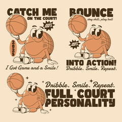 Cartoon Basketball Character with Motivational Phrases