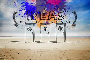 Doodle doors are lining shoreline with gear lightbulb brain icons and splashy IDEAS lettering