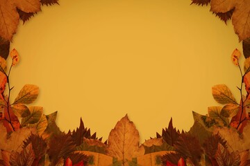 Autumn leaf border is creating golden-yellow gradient frame in flat design, copy space