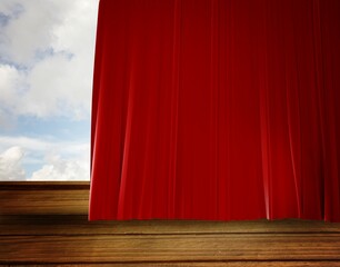 Flat design is depicting red stage curtain hanging on wooden deck revealing cloudy sky, copy space