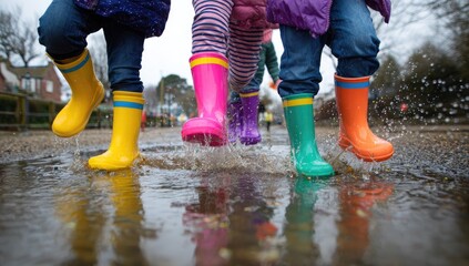 Children splashing in puddles in colorful rain boots