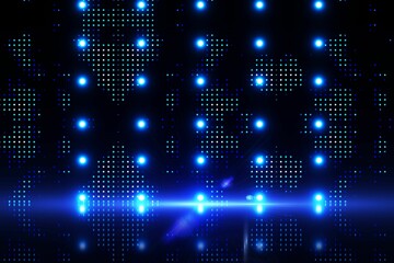 Abstract glowing blue LED grid is showing 3D render with light flare on reflective floor