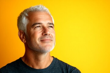 Fototapeta premium Creative of style for aging men. Trendy men's crew cut haircut - midlife white man with white hair. Yellow solid background. A confident man making a stylish impression.
