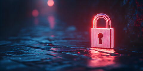 Digital Lock with Red Glowing Effect, 3D Digital Lock on Dark Surface with Red Glow, Secure Lock with Neon Lights in Cyber Environment

