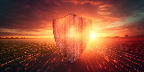 Digital Shield with Data Protection Concept, Cybersecurity Shield with Data Flow and Protection, 3D Digital Shield with Protection and Security Elements


