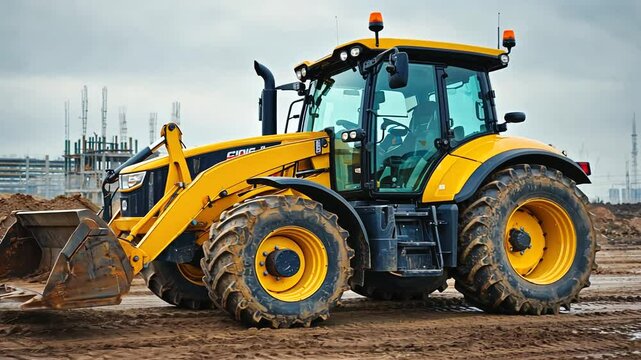 Heavy yellow construction tractor working on a construction site with cloudy sky in background