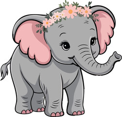 Cute Baby Elephant with Flower Crown Illustration.