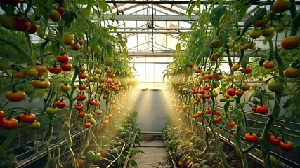 Lush greenhouse filled with ripe tomatoes basking in sunlight, showcasing vibrant growth