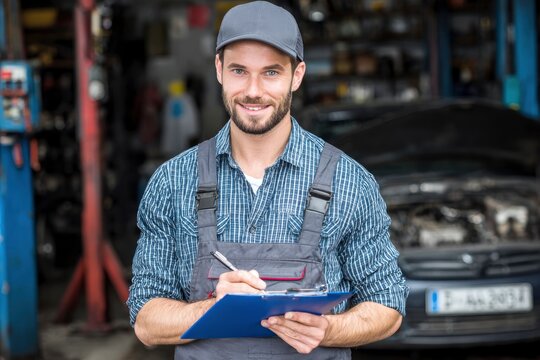 Mechanic in a garage holds a clipboard writing with a car and tools in the background