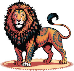 Stylized Orange Lion Vector with Floral Patterns