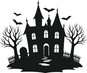 Spooky Haunted House Silhouette with Bats Bare Trees and Grave Halloween Clipart Illustration