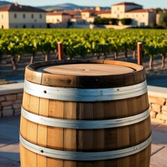 Fototapeta premium Wine barrel in vineyard with winery in background