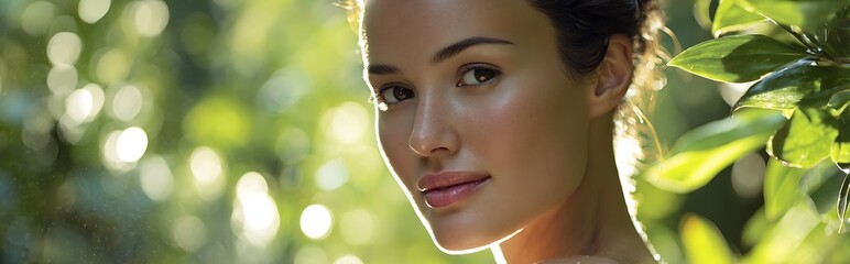Beautiful young woman with flawless skin and natural makeup, head and shoulders portrait with soft diffused spa lighting and blurred green foliage background, serene and relaxing atmosphere.

