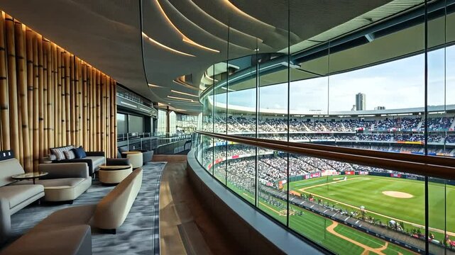 Luxurious stadium lounge overlooking a packed baseball game, with modern decor and vibrant atmosphere