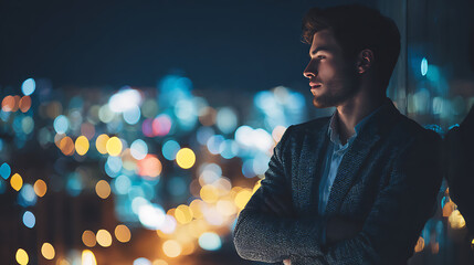 Confident professional businessman in tailored suit posing for upper body portrait against glass window with cityscape bokeh and rim lighting, corporate atmosphere and success concept.