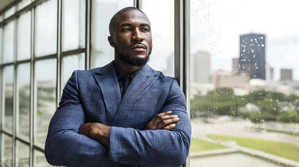 Confident professional businessman in tailored suit posing for upper body portrait against glass window with cityscape bokeh and rim lighting, corporate atmosphere and success concept.