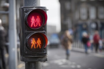 Pedestrian traffic light showing red and orange figures pedestrians in the background