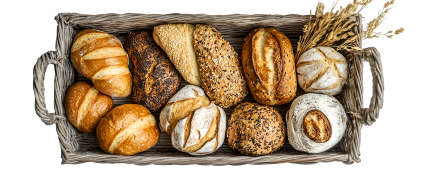 Freshly baked assorted bread rolls sit appealingly in a rustic wooden basket, with some wheat stalks as decoration, all against a stark black backdrop, transparent background