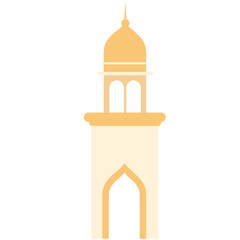 A minimalist design of an Islamic mosque tower in soft orange and yellow tones, reflecting traditional Islamic architecture and spiritual values