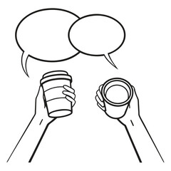 Two hands are holding coffee cups below empty speech bubbles with transparent background
