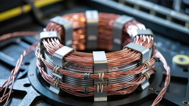 Copper coil winding electrical engineering in industrial power plant motor equipment for efficient energy generation and precise motor performance