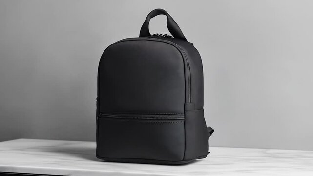 Sleek Black Backpack on Marble Surface, Studio Shot with Minimalist Design