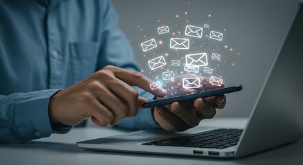 Close up hand touch smartphone with message or email alert sign icon pop up. It can use for Efficient Email Management Mobile & Laptop Integration for Seamless Communication phto concept