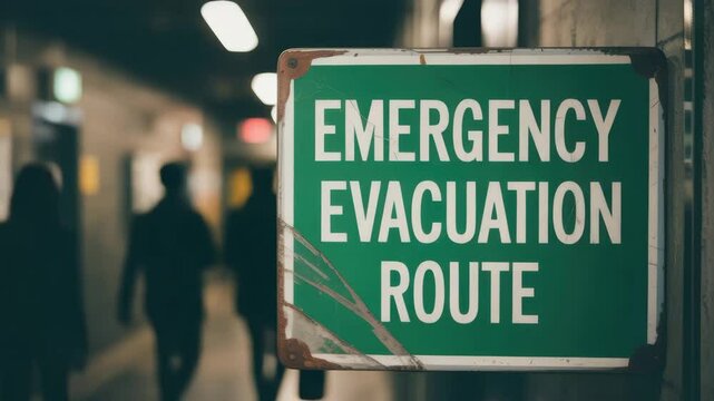 Emergency evacuation route sign industrial power plant corridor with dim lighting and worn metal frame ensures safety and quick exit during urgent