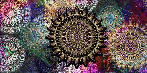 Mystical Mandala Background – Intricate Bohemian Art for Meditation, Tattoo, and Decor, colorful vintage art, ancient Indian vedic background design, old painting texture with  mathematical shapes