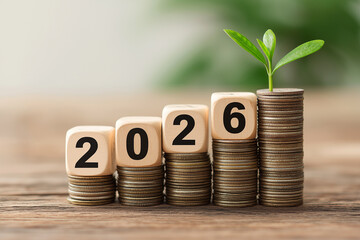 A 2026 calendar, growing coin stacks, and a green plant on wood symbolize financial planning and business growth in the new year, perfect vision for future development and investment.