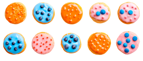Vibrant assortment of cookies against a dark backdrop, featuring colorful icing and toppings, ideal for culinary or dessert themed projects, transparent background