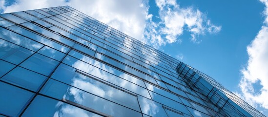 Modern skyscraper facade reflecting clouds