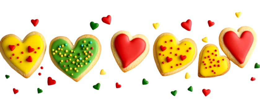 Colorful heart shaped cookies decorated with red, yellow, and green icing on a transparent background, perfect for Valentines day and romantic holidays.