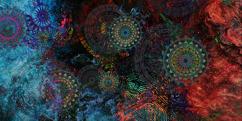 Mystical Mandala Background – Intricate Bohemian Art for Meditation, Tattoo, and Decor, colorful vintage art, ancient Indian vedic background design, old painting texture with  mathematical shapes