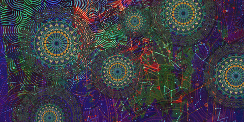 Mystical Mandala Background – Intricate Bohemian Art for Meditation, Tattoo, and Decor, colorful vintage art, ancient Indian vedic background design, old painting texture with  mathematical shapes