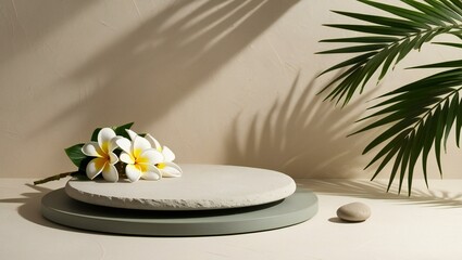 Minimalist product display with plumeria and palm