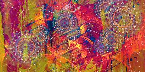 Mystical Mandala Background – Intricate Bohemian Art for Meditation, Tattoo, and Decor, colorful vintage art, ancient Indian vedic background design, old painting texture with  mathematical shapes