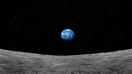 Earth seen from the Moon. Vast dark space