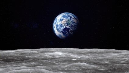 Earth rising above a lunar landscape