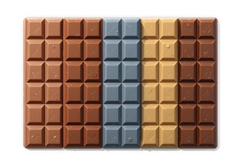 A top view of a chocolate bar with different colors and textures on a white background surface top down